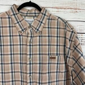 Mens Carhartt Brown Plaid Casual Short Sleeve Button Up Shirt Work Cotton 2XLT